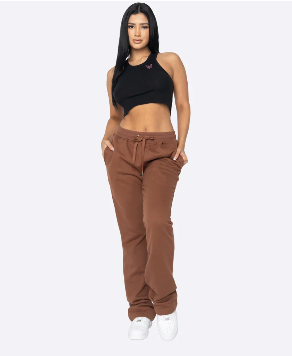 WOMEN FRENCH TERRY FLARE PANTS-BROWN