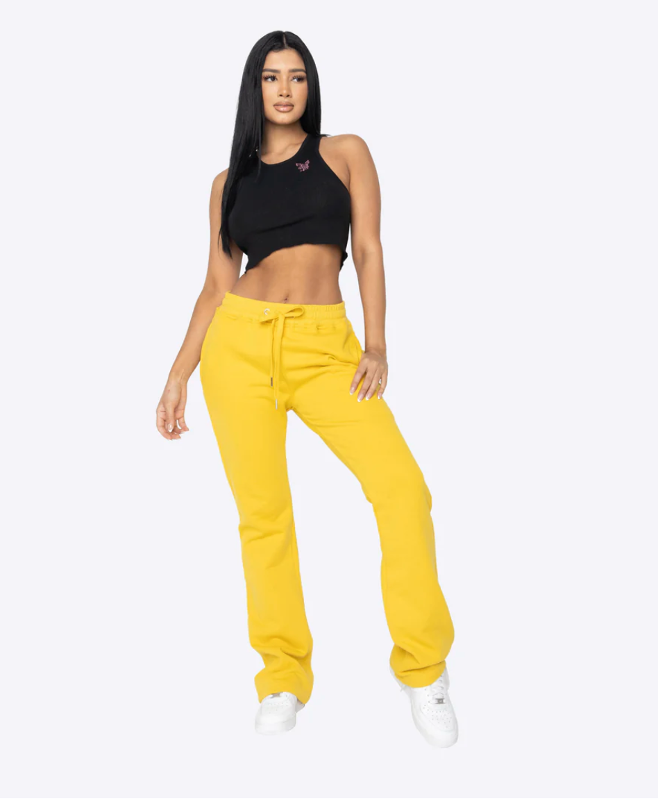 WOMEN FRENCH TERRY FLARE PANTS-MUSTARD